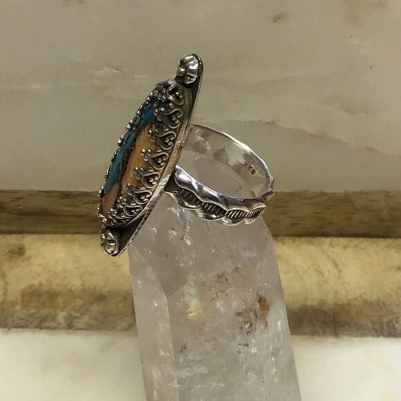 Ring, Statement Turquoise & Spiny Oyster Ring, Sterling Silver Ring, size 5, Han - Picture 4 of 8